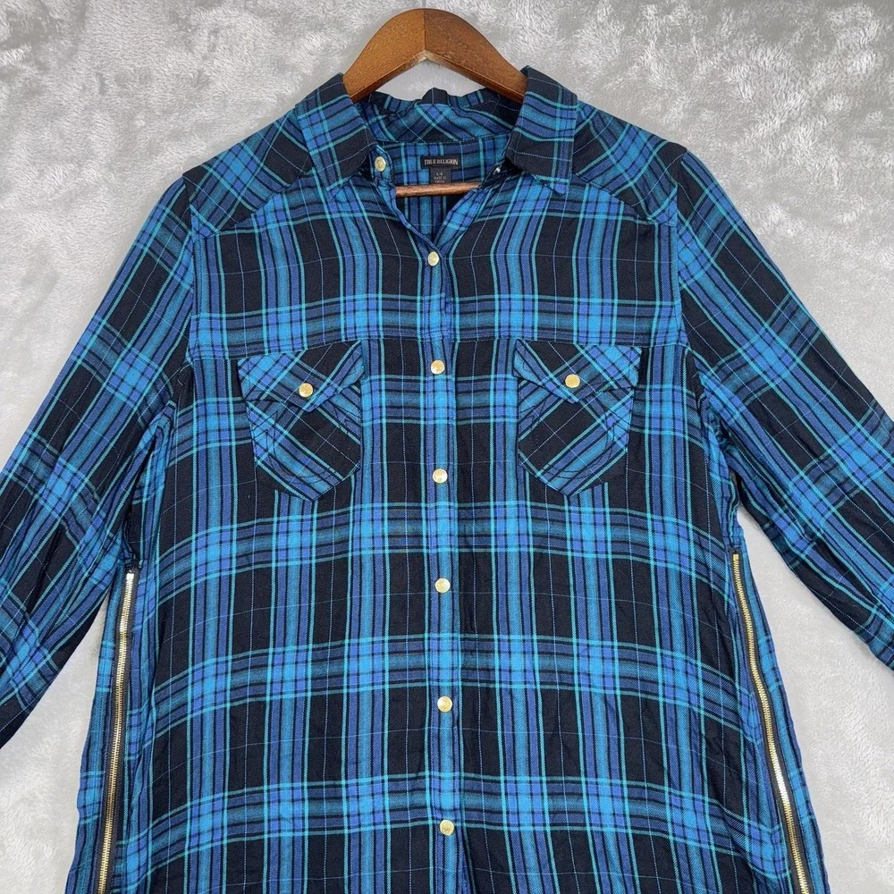 True Religion Plaid Top Logo Black Aqua‎ Blue Tunic Zip Women's Size Large Snaps